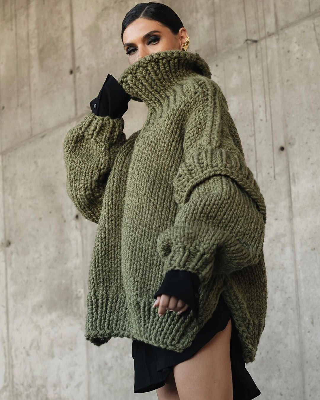 Damen Oversize Grobstrickpullover mit hohem Rollkragen Drune