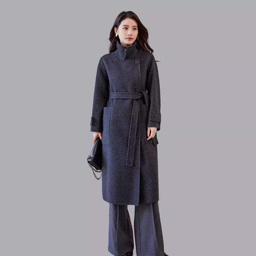 Damen Oversize Wollmantel mit Bindegürtel und weitem Revers Drune