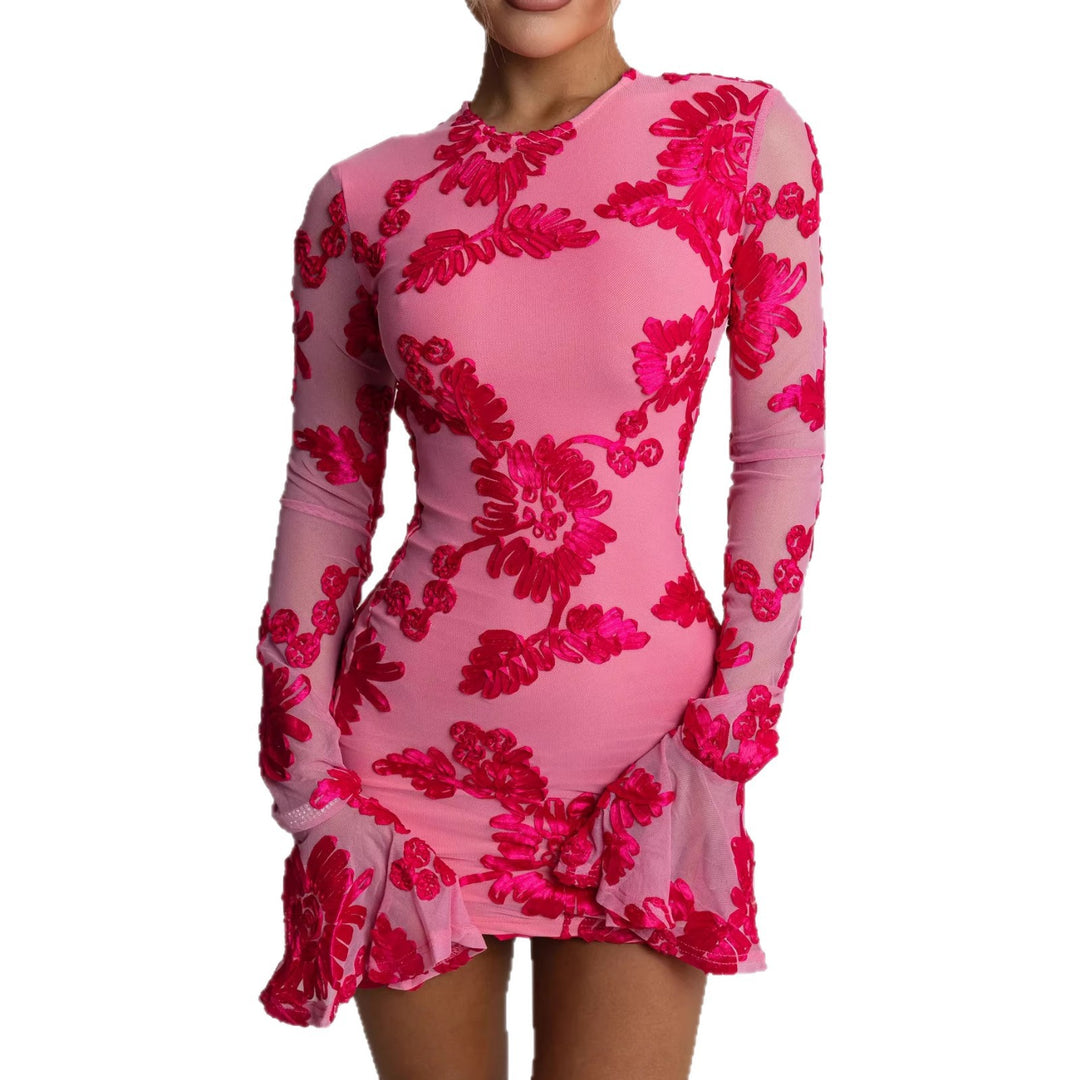 Damen Figurnahes Spitzenkleid mit floralen Applikationen und langen Ärmeln Drune