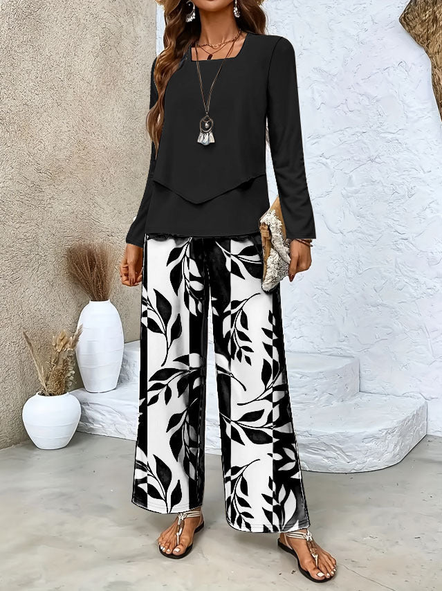 Damen Zweiteiliges Lounge-Set mit überlappendem Longsleeve und weiten Palazzo‑Hosen Drune