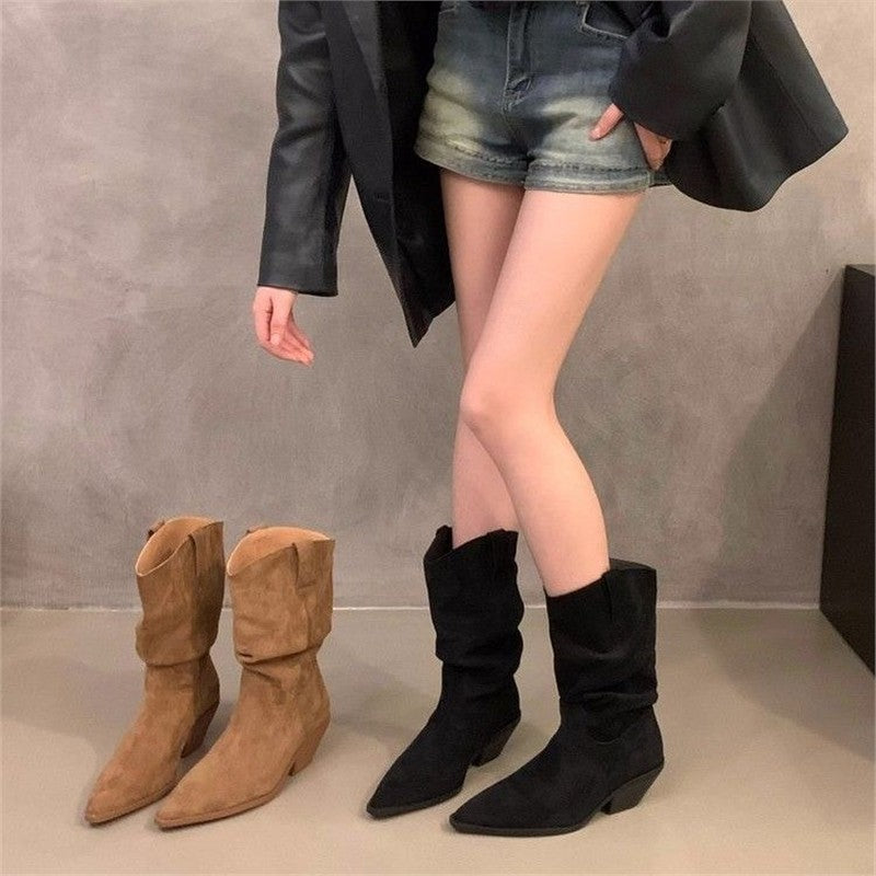 Damen Slouchy Western‑Stiefeletten mit spitzer Zehenform und sculpted Blockabsatz Drune