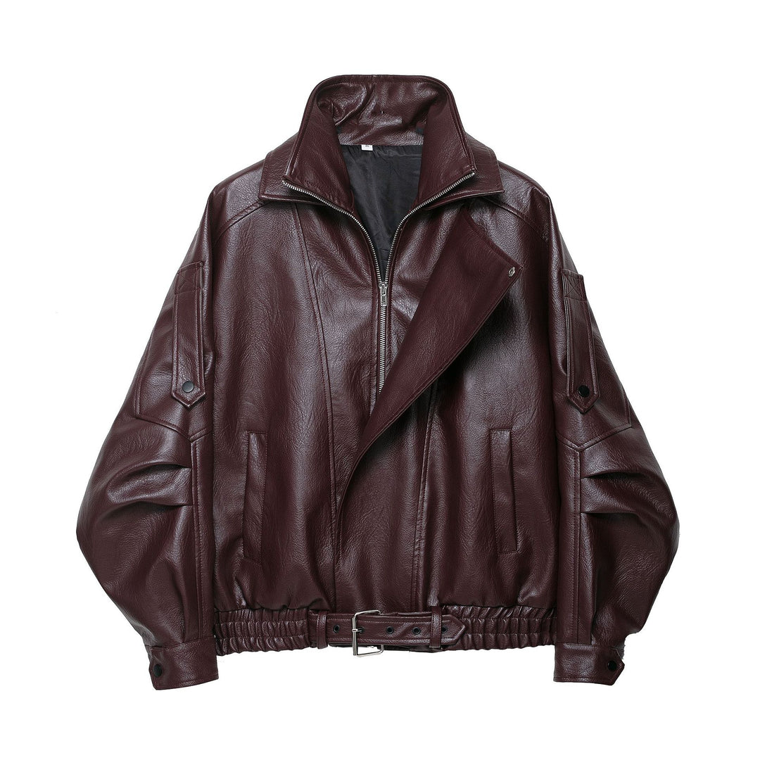 Damen modische Kunstlederjacke mit elegantem Schnitt und verstellbarem Taillengürtel Drune