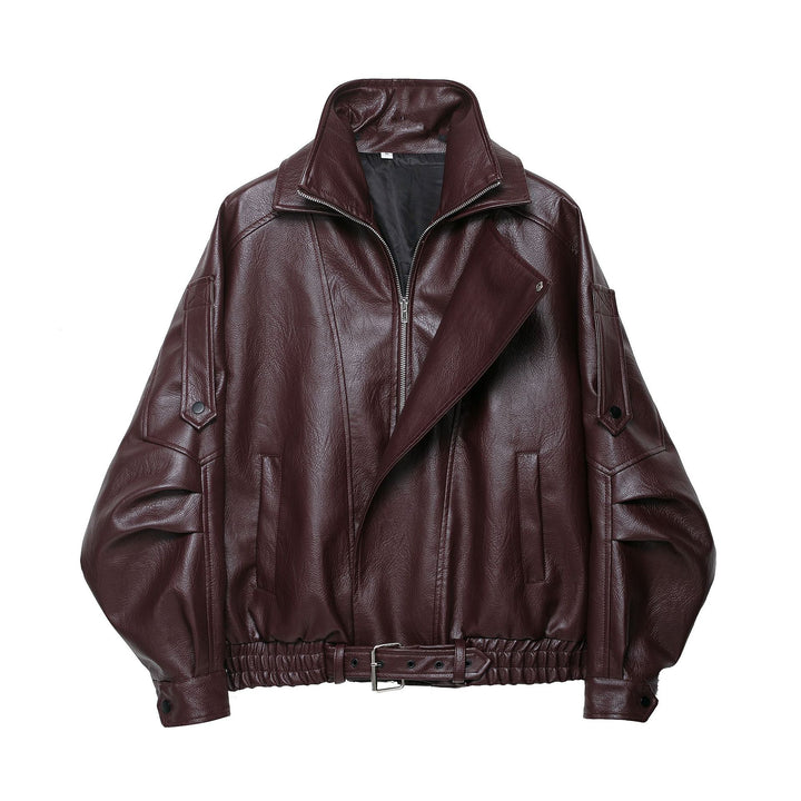 Damen modische Kunstlederjacke mit elegantem Schnitt und verstellbarem Taillengürtel Drune
