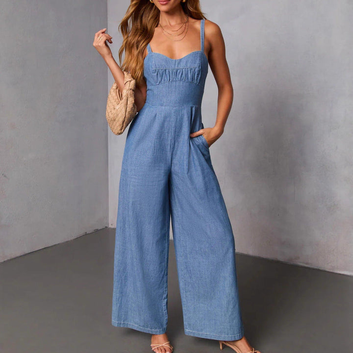 Damen lässiger Denim-Jumpsuit mit elegantem Bustier-Oberteil und weitem Bein Drune