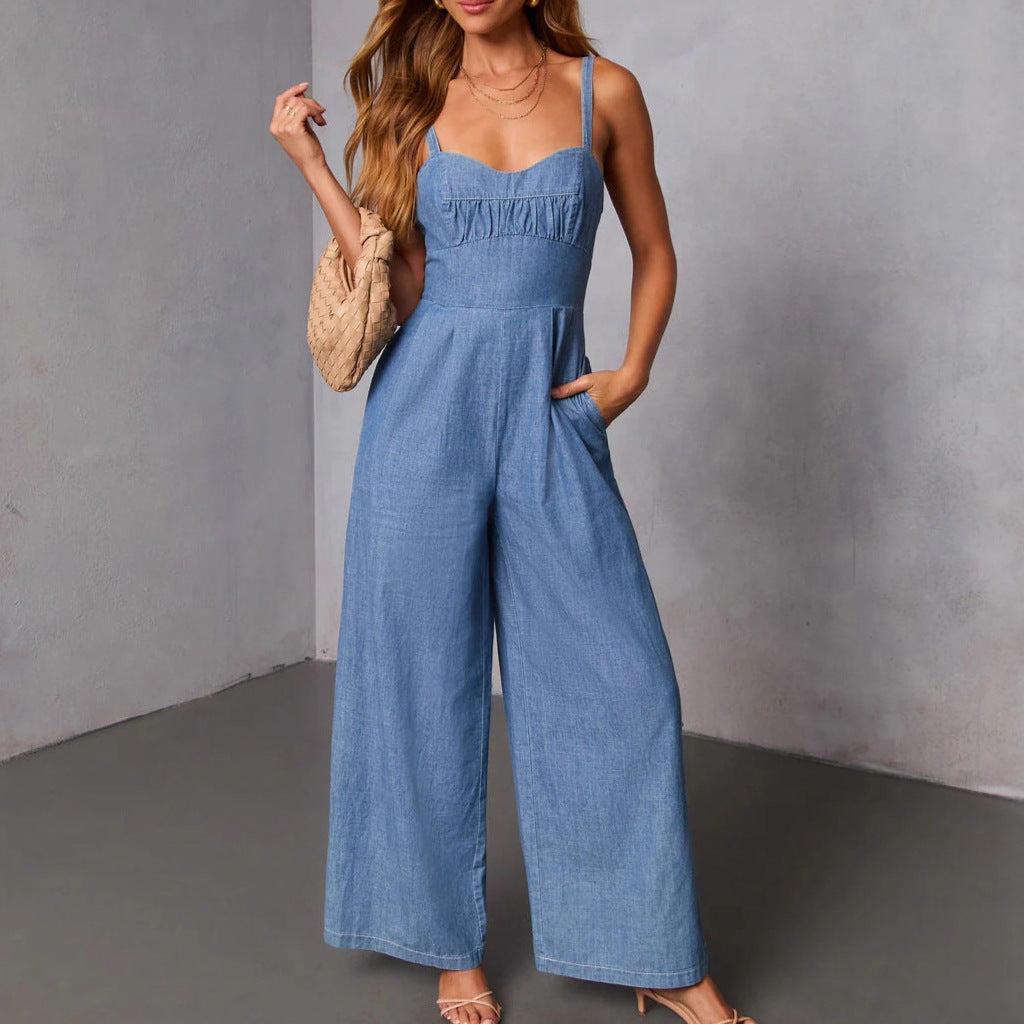 Damen lässiger Denim-Jumpsuit mit elegantem Bustier-Oberteil und weitem Bein Drune