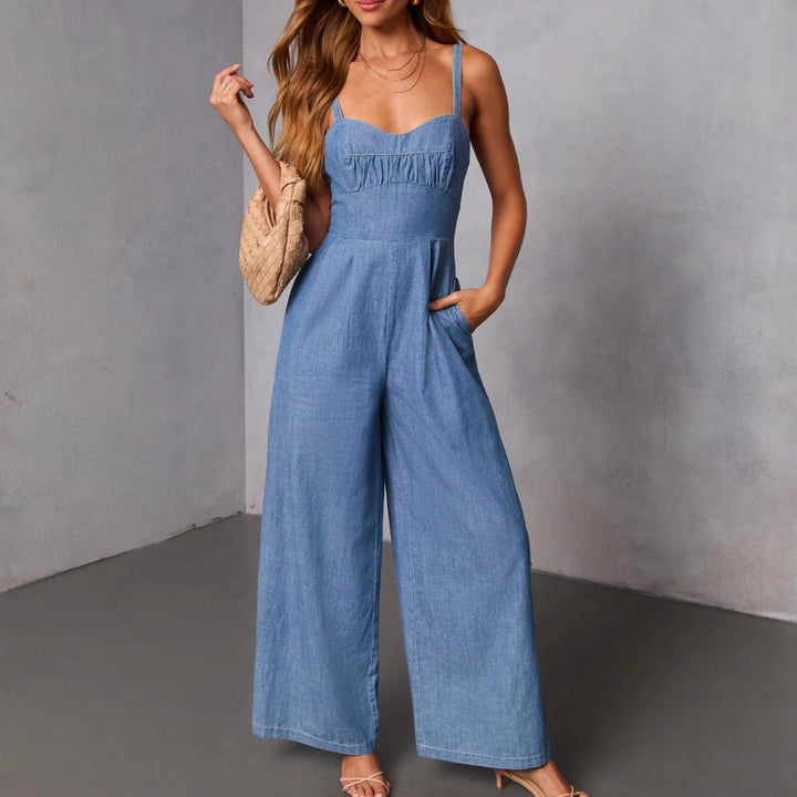 Damen lässiger Denim-Jumpsuit mit elegantem Bustier-Oberteil und weitem Bein Drune
