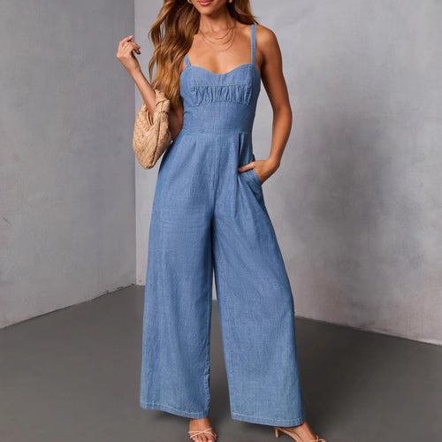 Damen lässiger Denim-Jumpsuit mit elegantem Bustier-Oberteil und weitem Bein Drune