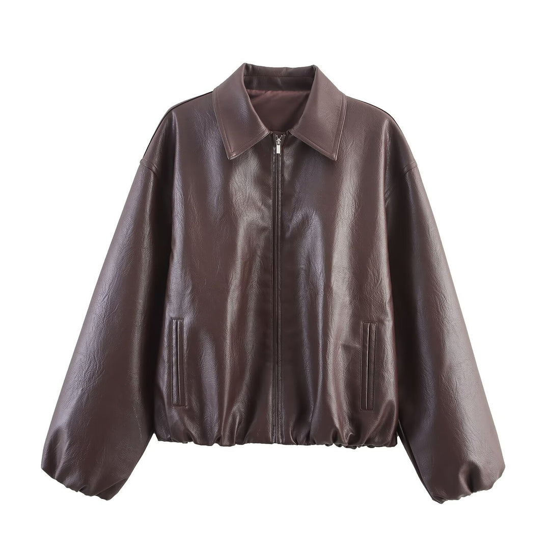 Damen elegante Kunstlederjacke im lässigen Schnitt mit praktischen Taschen Drune