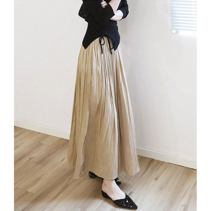 Damen plissierter Maxirock mit hoher Taille und fließendem Satinfall Drune