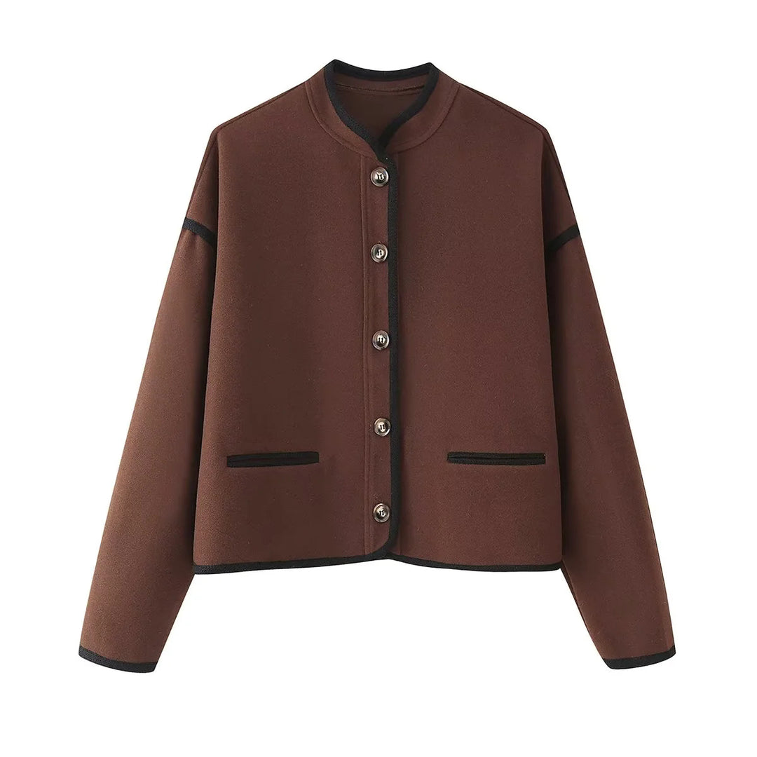 Damen nan kastige Kurzjacke mit Rundhalsausschnitt, Kontrastpaspel und Leistentaschen Drune