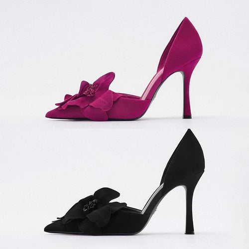 Damen Spitz zulaufende Abend‑D'Orsay‑Pumps mit handgefertigter 3D‑Blütenapplikation und sculpted Stiletto Drune