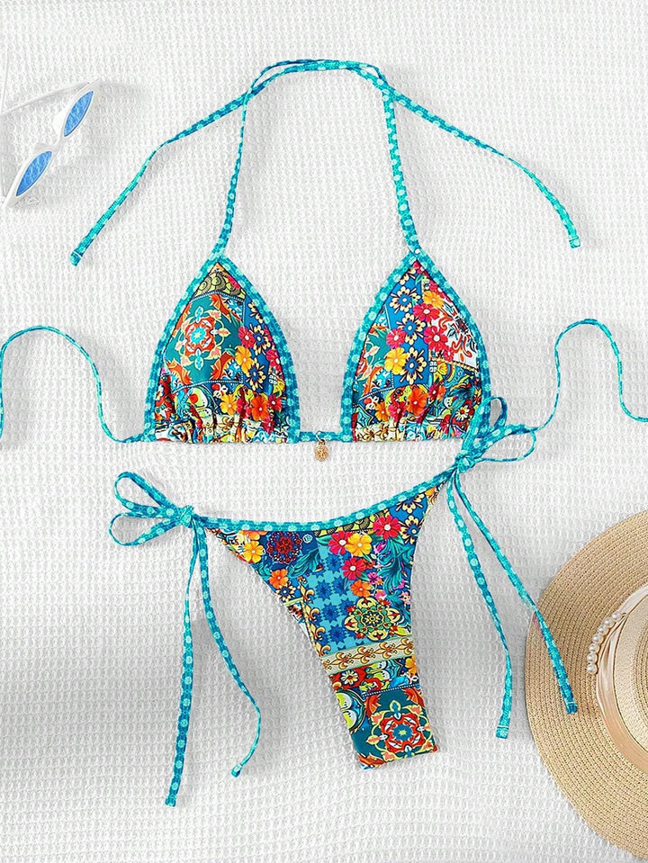 Damen Triangel-Bikini mit buntem floralen Mustermix und verstellbaren Trägern Drune
