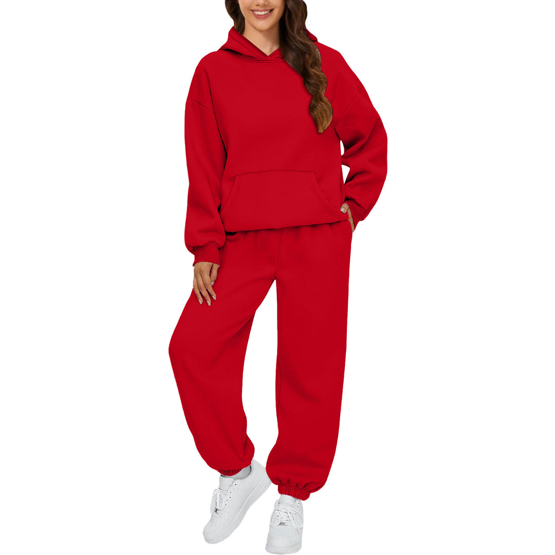 Damen nan gemütliches French-Terry Loungewear-Set mit doppellagiger Kapuze, Kängurutasche und elastischem Knöchel-Jogger Drune