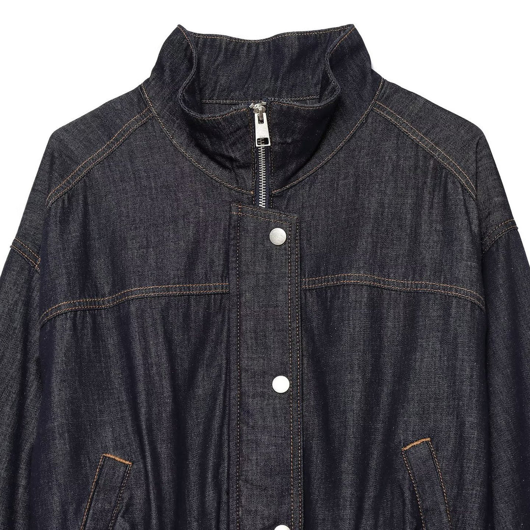Damen Jeans-Cropped-Blouson mit Taillengürtel und hohem Stehkragen Drune