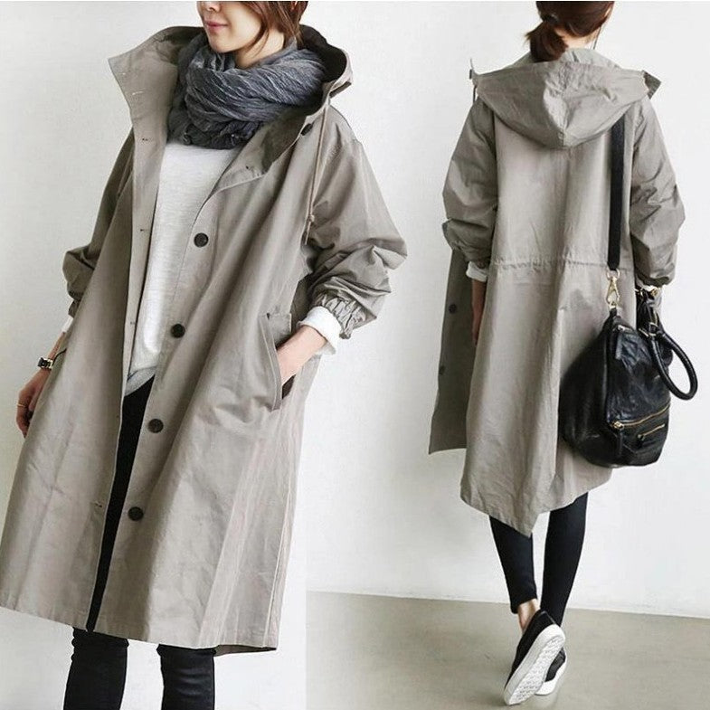 Damen nan leichter oversized Regenmantel mit Kapuze und verdeckter Knopfleiste Drune