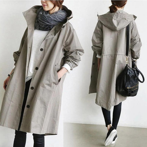 Damen nan leichter oversized Regenmantel mit Kapuze und verdeckter Knopfleiste Drune