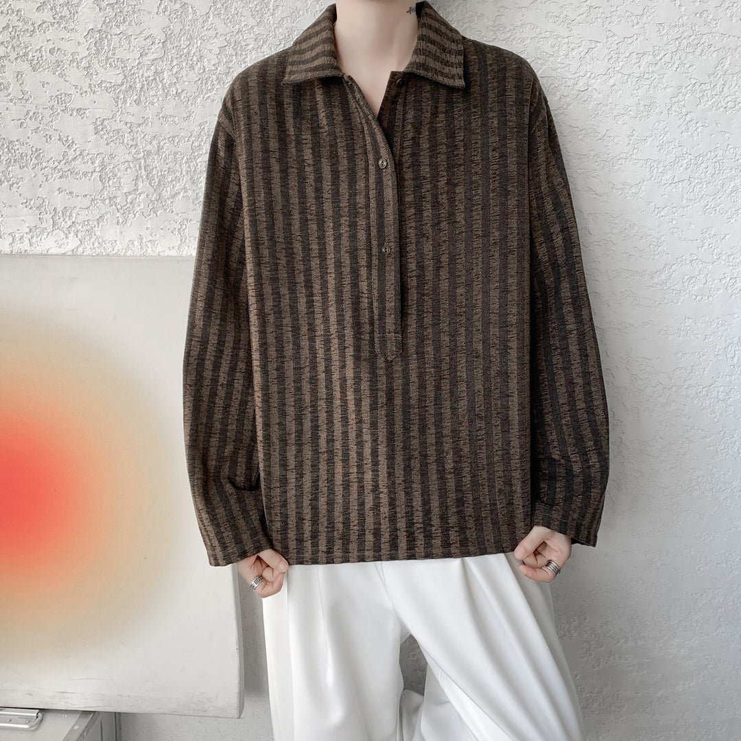 Herren Oversize Langarm-Hemd mit Polokragen, gestreifter Struktur & halber Knopfleiste Drune