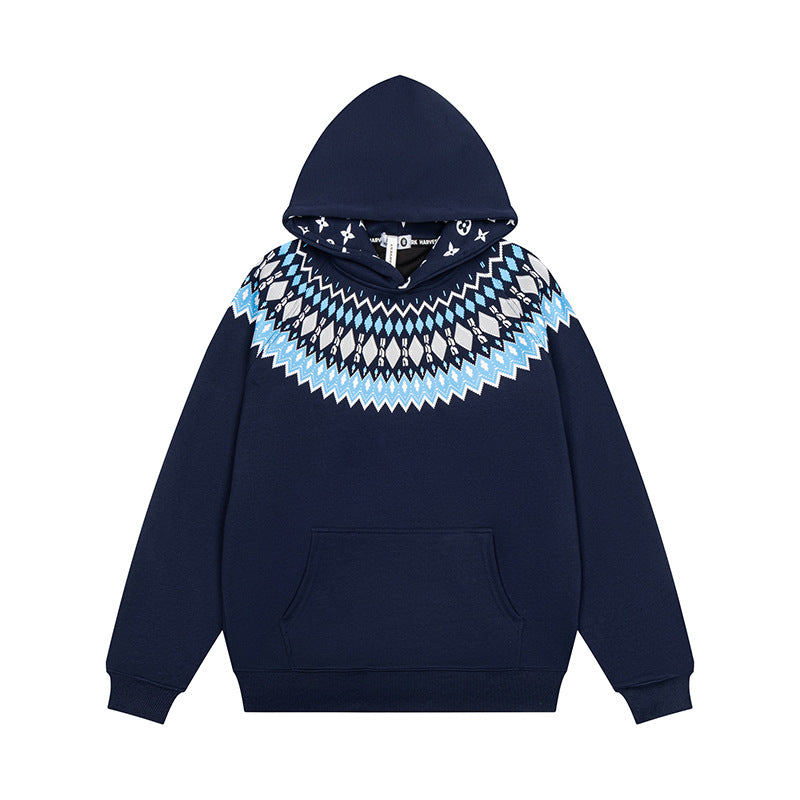 Unisex Oversize Kapuzenpullover mit nordischem Rundpasse-Jacquard, Kängurutasche und Rippbündchen Drune