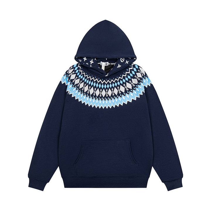 Unisex Oversize Kapuzenpullover mit nordischem Rundpasse-Jacquard, Kängurutasche und Rippbündchen Drune