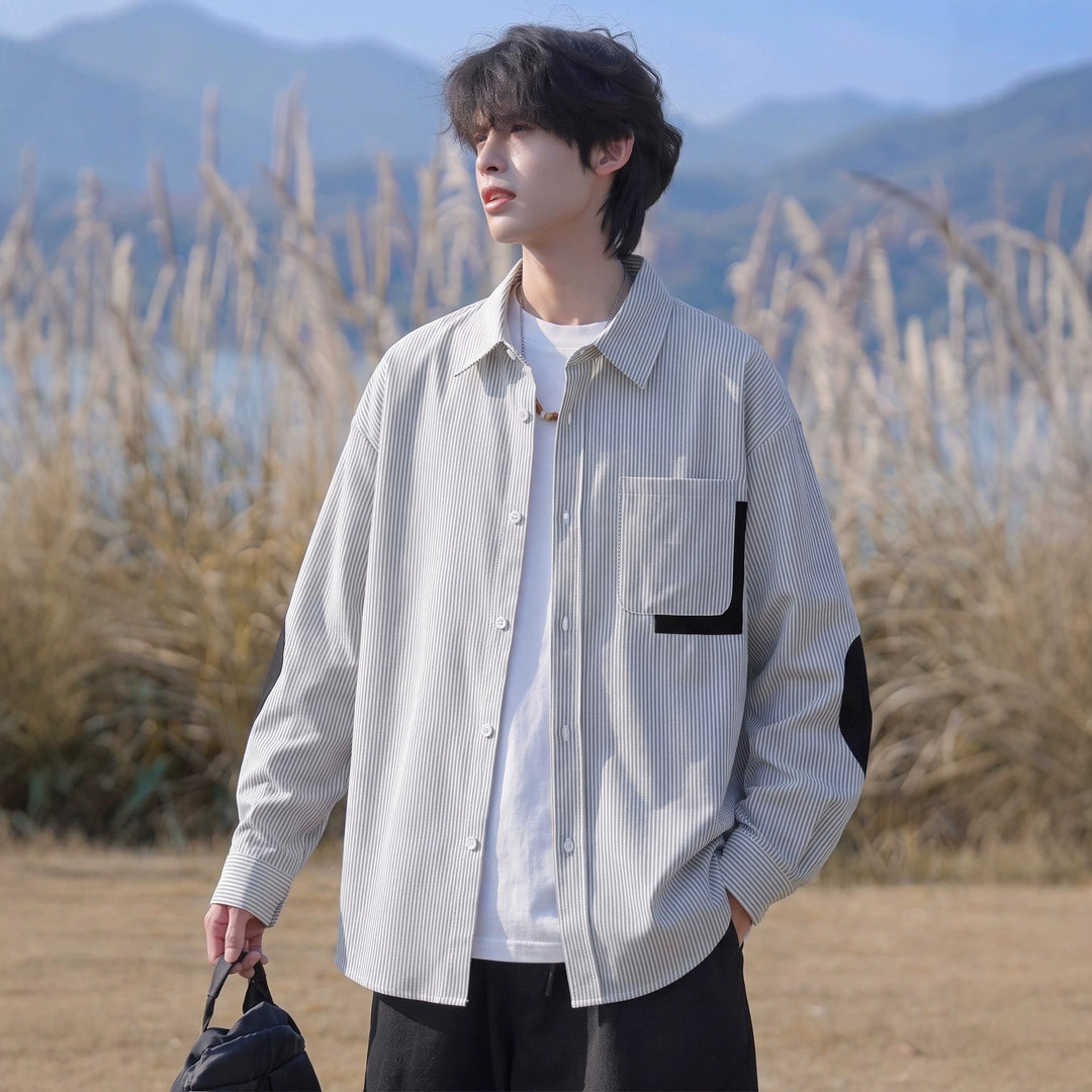 Herren Oversize-Hemd mit feinem Nadelstreifen, Kontrasttasche und Ellbogen-Patches Drune
