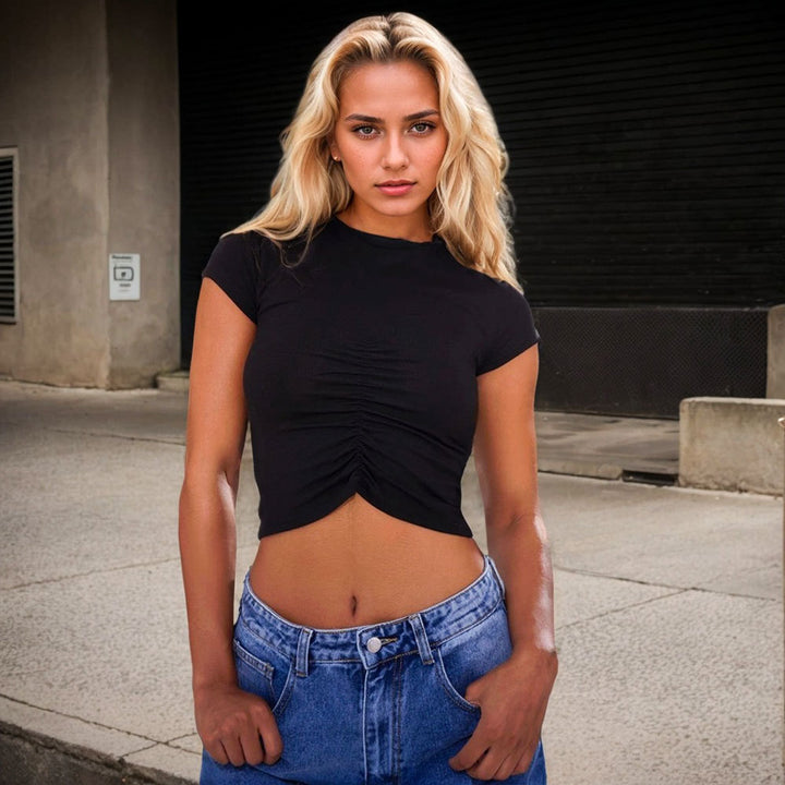 Damen figurbetontes Kurzarmshirt mit Raffung Drune