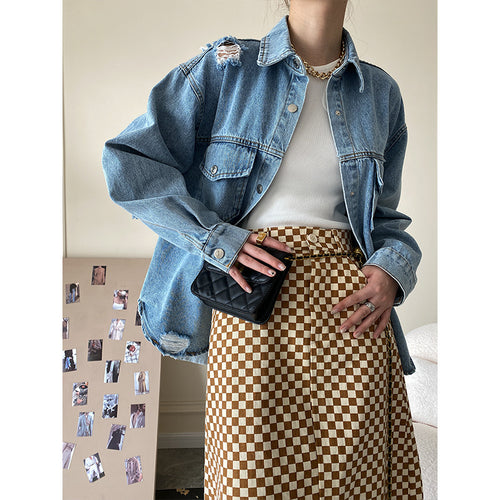 Damen lässige Jeansjacke mit used Look und großen Taschen Drune