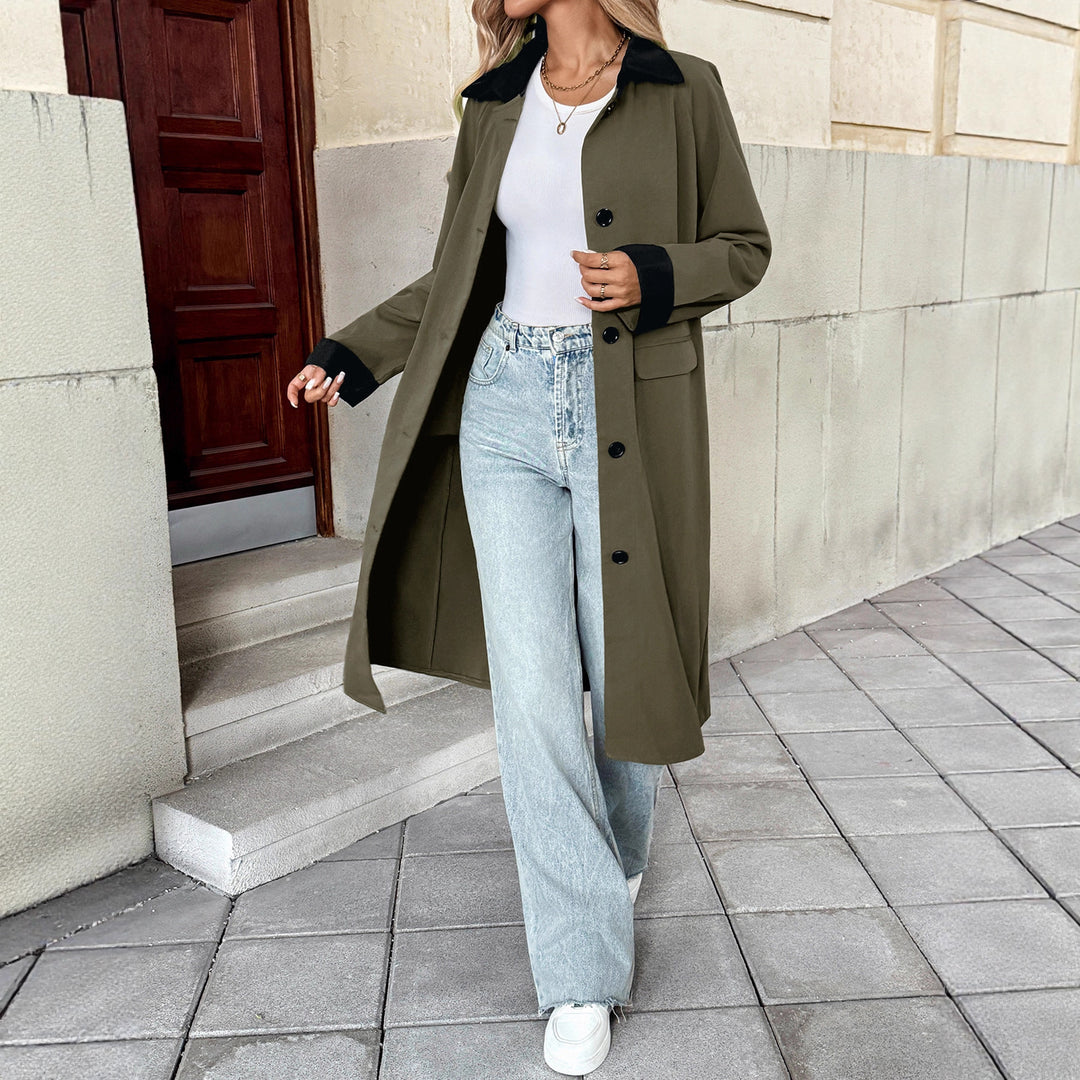 Damen Langer Trenchcoat mit Kontrastkragen und Umschlagmanschetten Drune