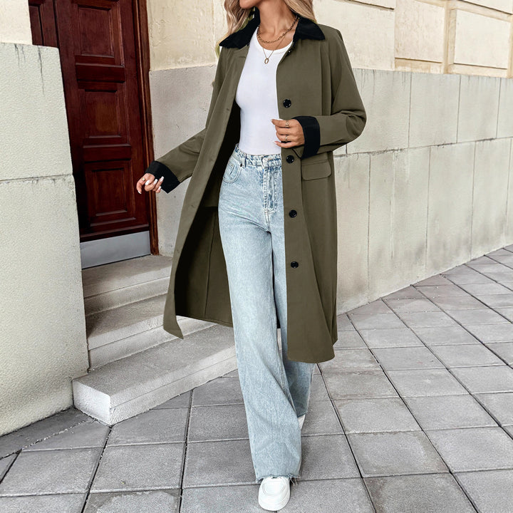Damen Langer Trenchcoat mit Kontrastkragen und Umschlagmanschetten Drune