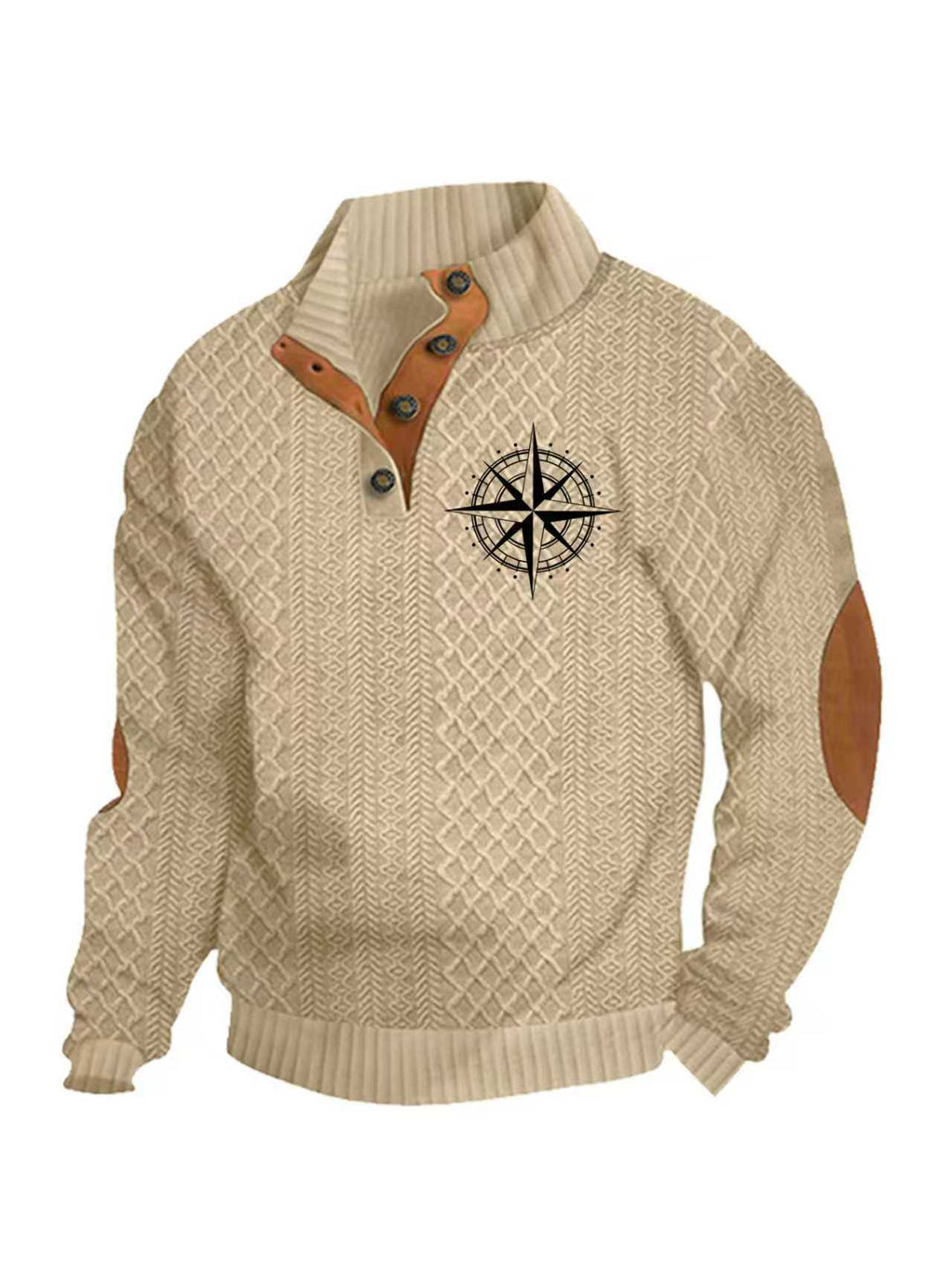 Herren nan Heritage-Strukturpullover mit Stehkragen Lederimitat-Besatz Ellenbogen-Patches und Halbknopfleiste Drune