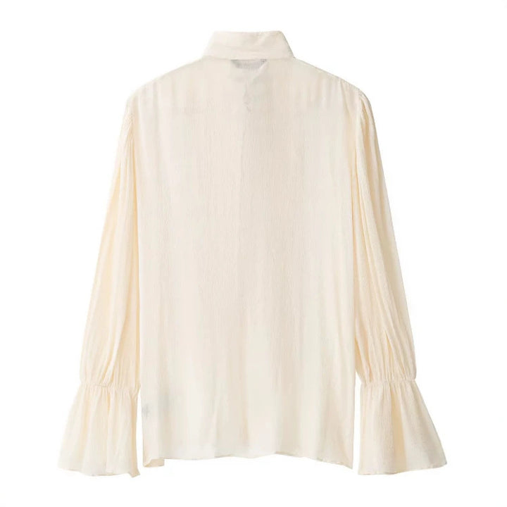 Damen Bluse im Military‑Plastron‑Look mit Stehkragen und Plisséeärmeln Drune