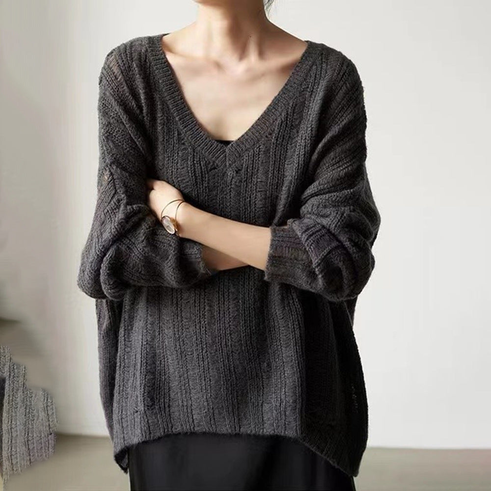 Damen Grobstrickpullover mit lässigem V-Ausschnitt und modischer Struktur Drune