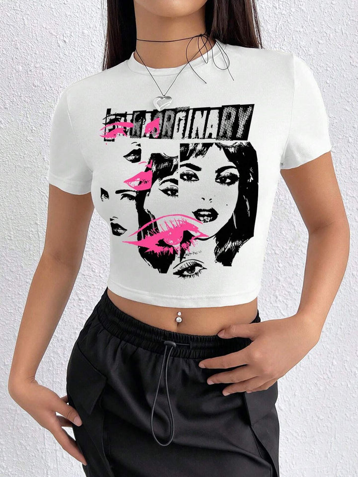 Damen Crop-T-Shirt mit inspirierendem Aufdruck und figurbetontem Schnitt Drune