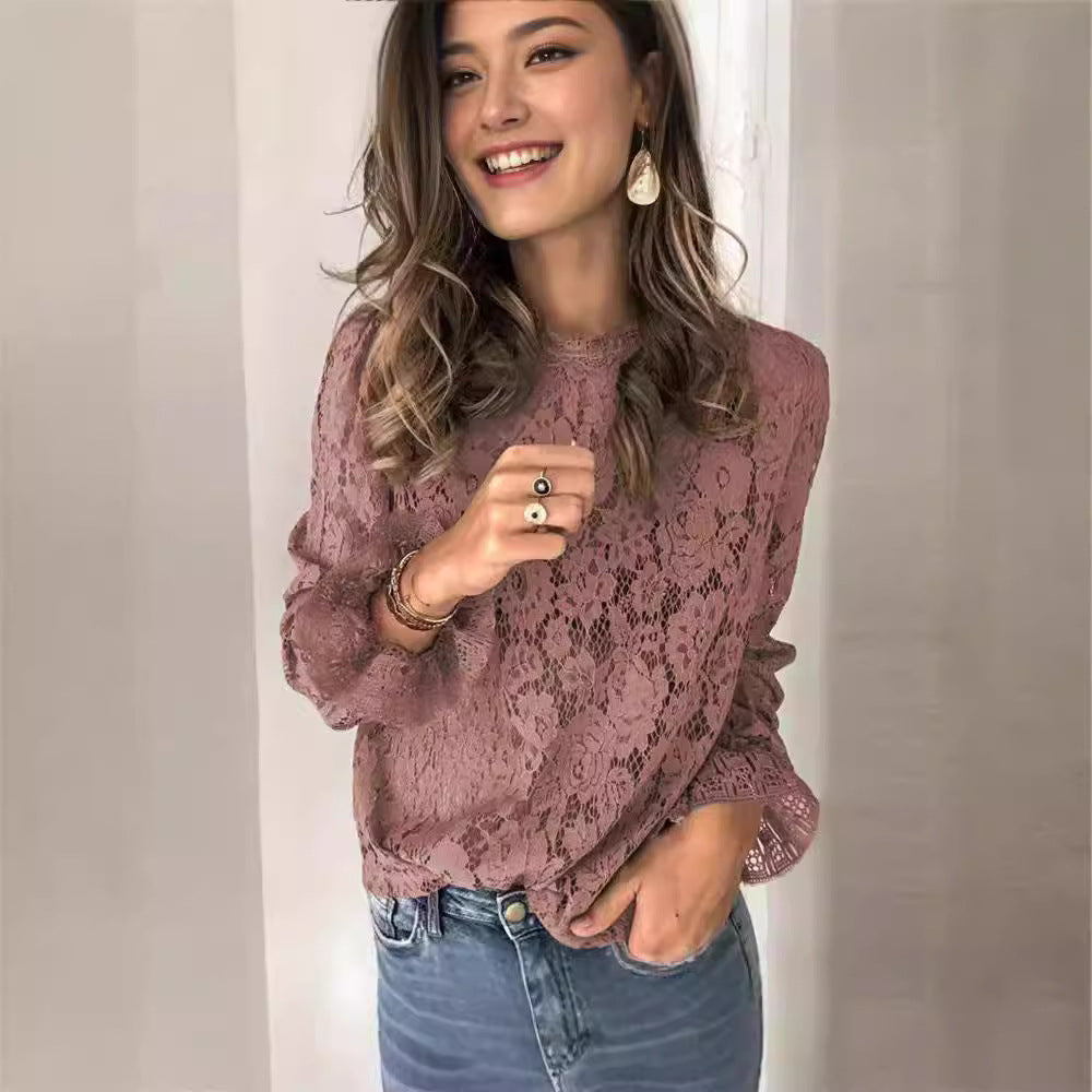 Damen Spitzenoberteil mit elegantem Blumenmuster und langen Ärmeln Drune