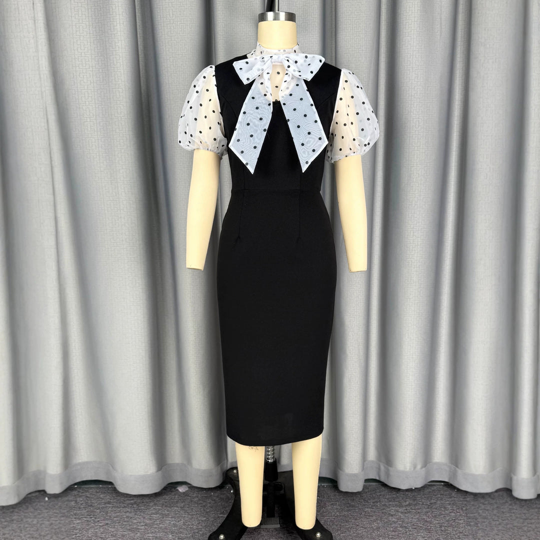 Damen figurbetontes Midi-Kleid mit transparenten Puffärmeln und Schleifenkragen Drune