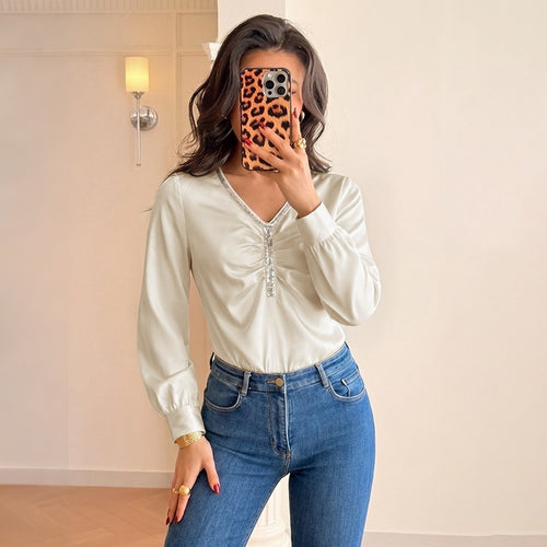 Damen Elegantes Oberteil mit Rüschendetails und Schimmernden Akzenten Drune