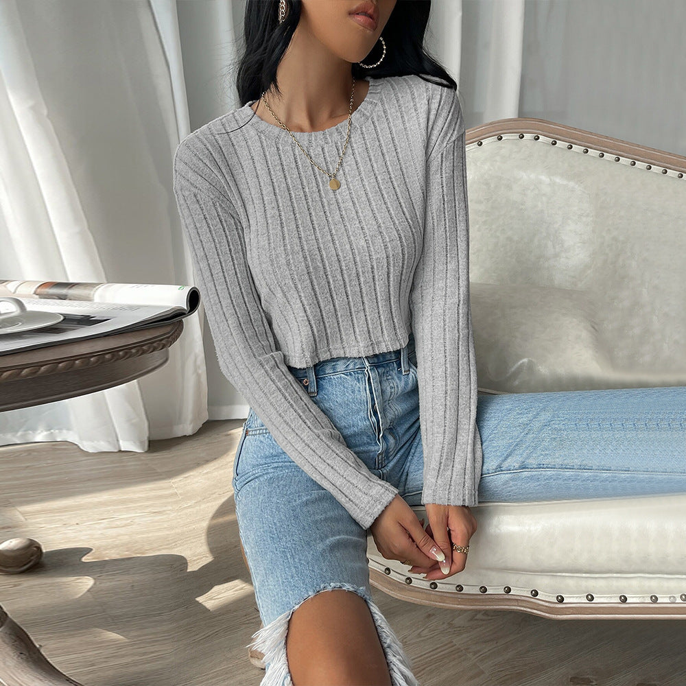 Damen kurzes geripptes Cropped-Strickoberteil mit Rundhalsausschnitt und tailliertem Schnitt Drune