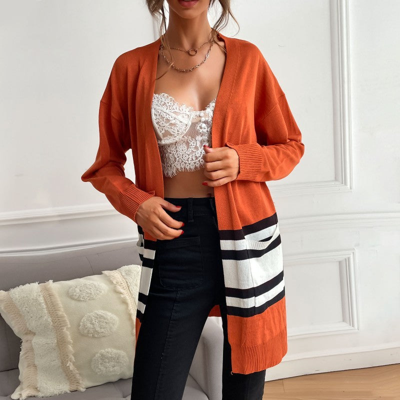 Damen Midilanger offener Feinstrick-Cardigan mit Colorblock-Streifen und aufgesetzten Taschen Drune