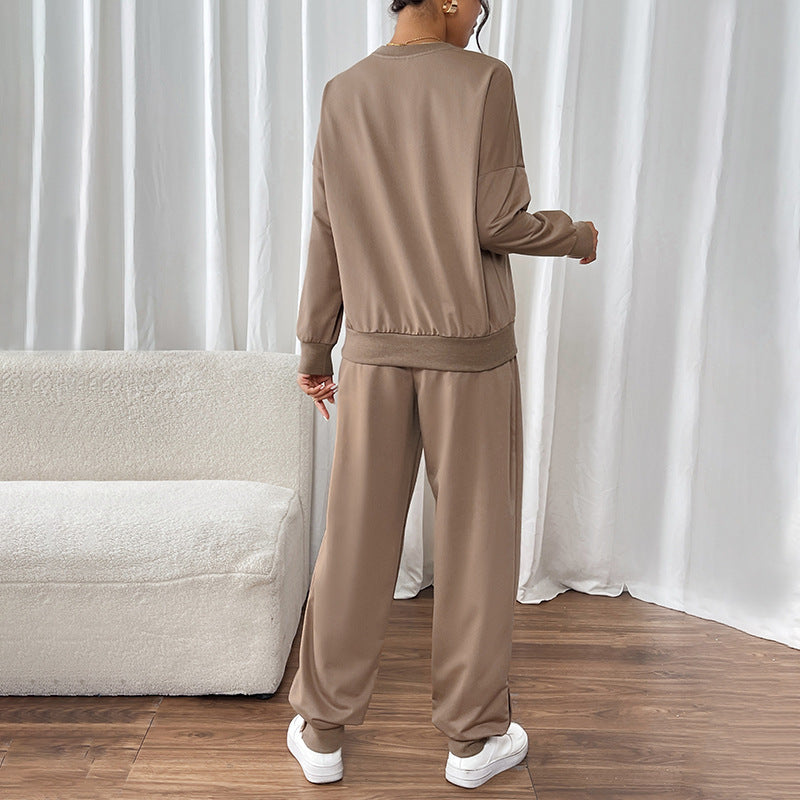 Damen Lässiges Sweat-Set mit Oversize-Rundhals und High-Waist-Hose mit Knopfmanschette Drune