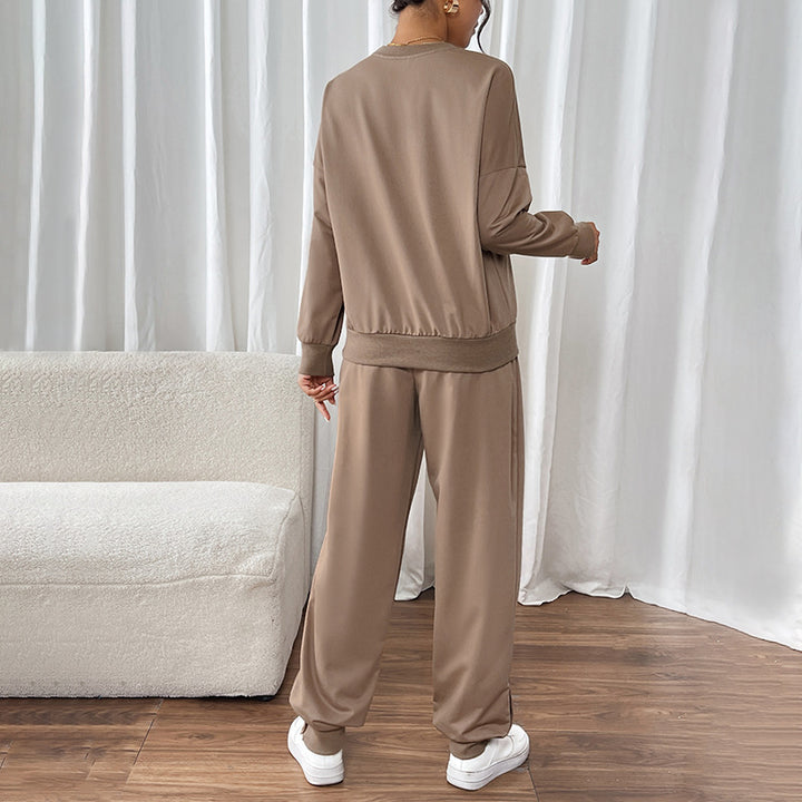 Damen Lässiges Sweat-Set mit Oversize-Rundhals und High-Waist-Hose mit Knopfmanschette Drune