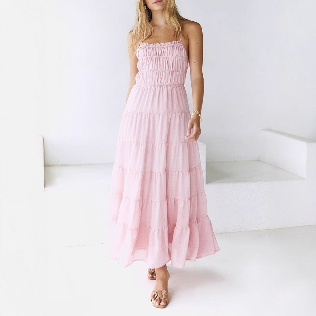 Damen luftiges Maxikleid mit Rüschendetails und elastischem Taillenbund Drune