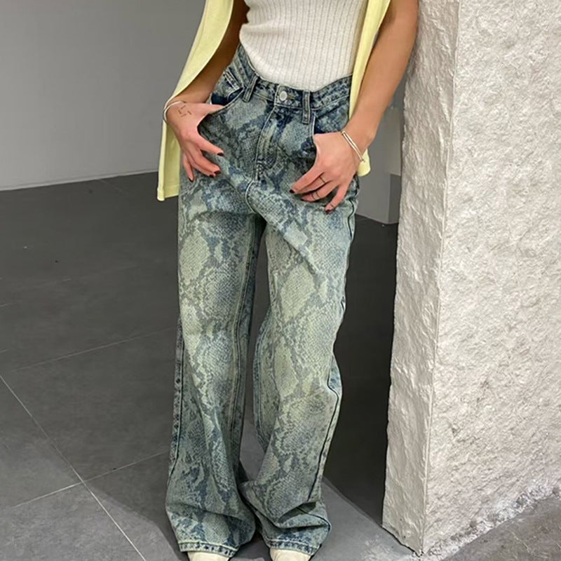 Damen nan hochgeschnittene Jeans mit Schlangenprint, weitem Bein und geradem Schnitt Drune