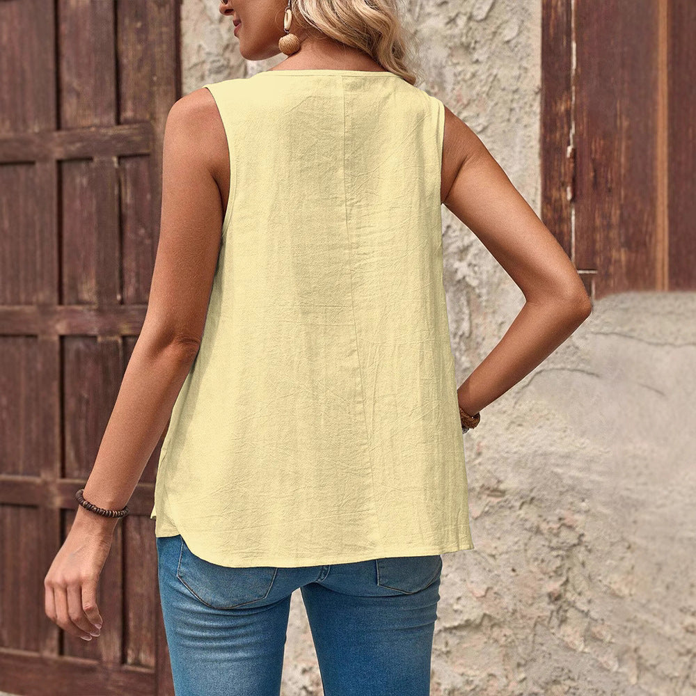 Damen nan ärmelloses Sommer-Top mit Palmenmotiv, Zierknopfleiste und lockerem Schnitt Drune