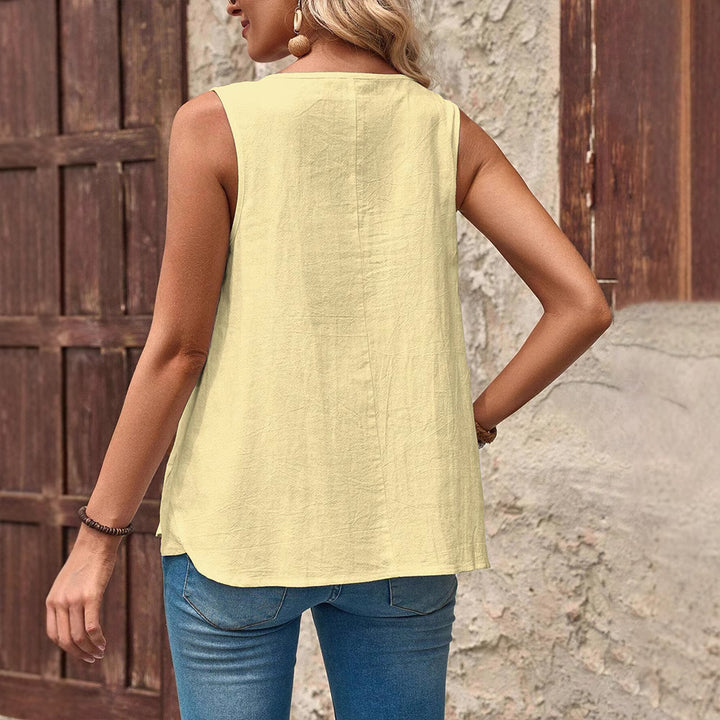 Damen nan ärmelloses Sommer-Top mit Palmenmotiv, Zierknopfleiste und lockerem Schnitt Drune