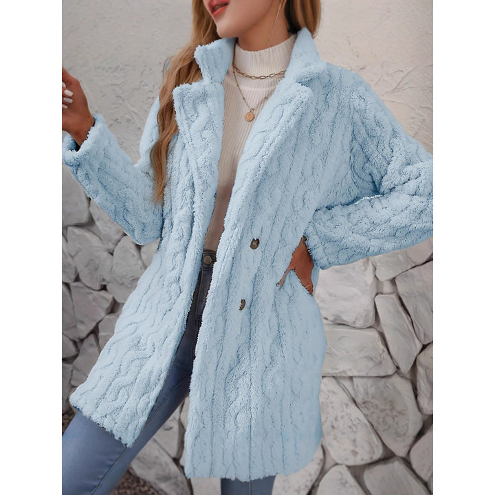 Damen Midilanger Teddy-Mantel mit Zopfmuster, Reverskragen und doppelt geknöpfter Front Drune