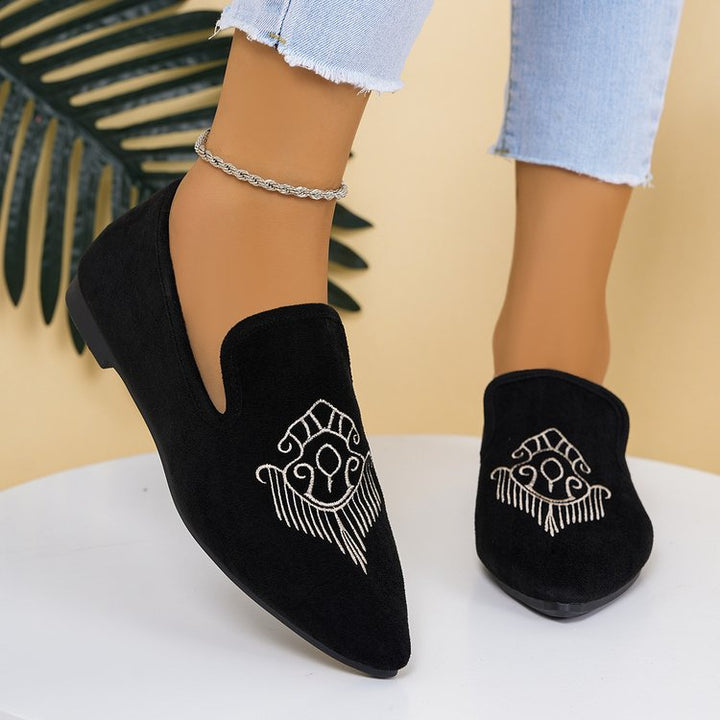 Damen Bestickte Velours-Loafer mit spitzer Zehenpartie und rutschfester Gummisohle Drune