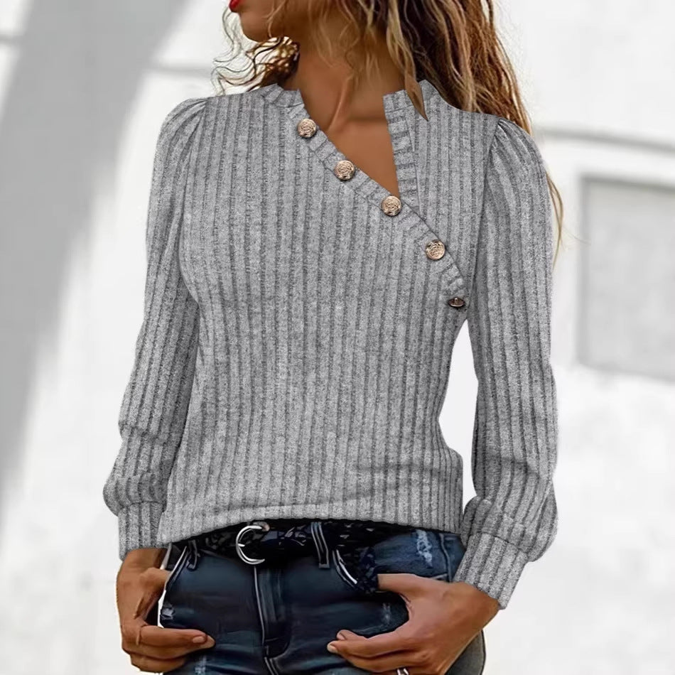 Damen Gerippter Feinstrickpullover mit asymmetrischer Knopfleiste Drune