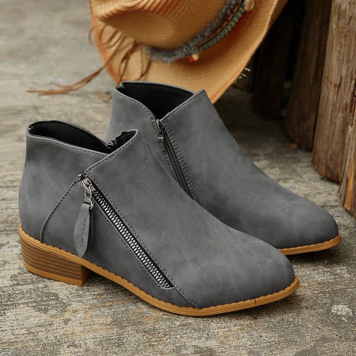 Damen Kurzschaftstiefelette mit seitlichem Reißverschluss und niedrigem Blockabsatz Drune