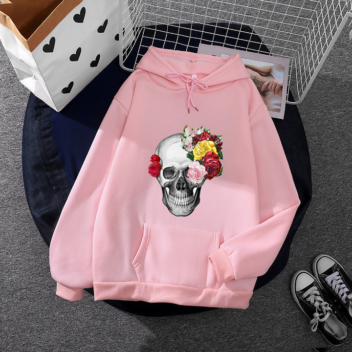 Unisex nan Kapuzenpullover mit floraler Totenkopf-Illustration, Oversize-Fit und French-Terry-Qualität Drune