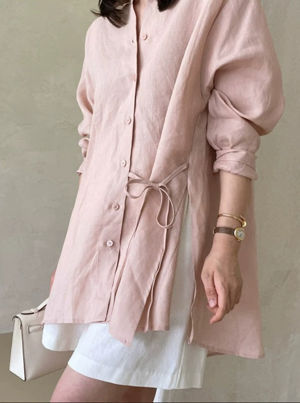 Damen Locker geschnittene Leinen‑Hemdbluse mit Stehkragen, Tunnelzug‑Taille und durchgehender Knopfleiste Drune