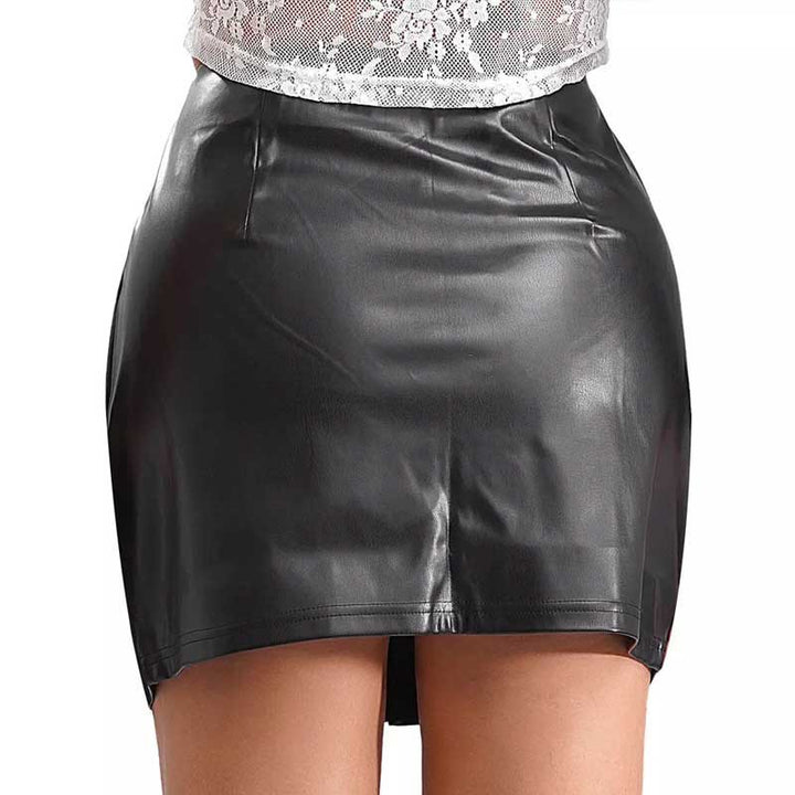 Damen kurzer Kunstlederrock mit kontrastierenden Taschen und modischem Reißverschluss Drune
